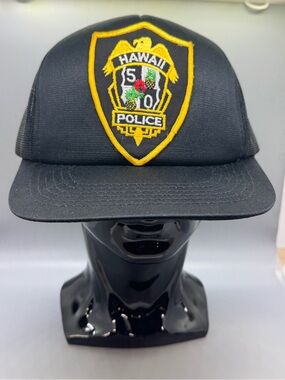 Vintage Hawaii Police Trucker Hat – Black Mesh Snapback – Retro Cap